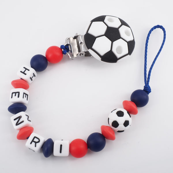 Schnullerkette mit Namen Junge Fußball Silikon blau rot