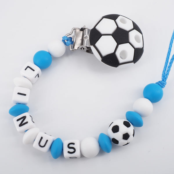 Schnullerkette mit Namen Junge Fußball Silikon blau weiß