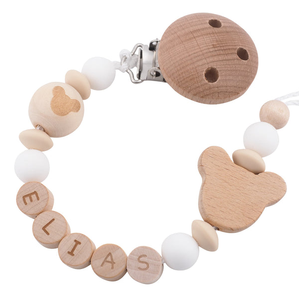 Schnullerkette mit Namen Mädchen Jungen Maus natur