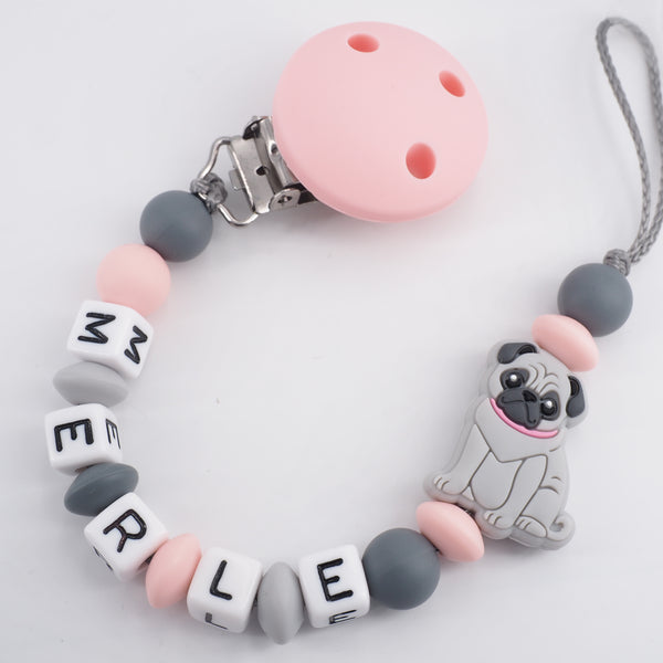 Schnullerkette mit Namen Mädchen Hund Mops Silikon rosa grau